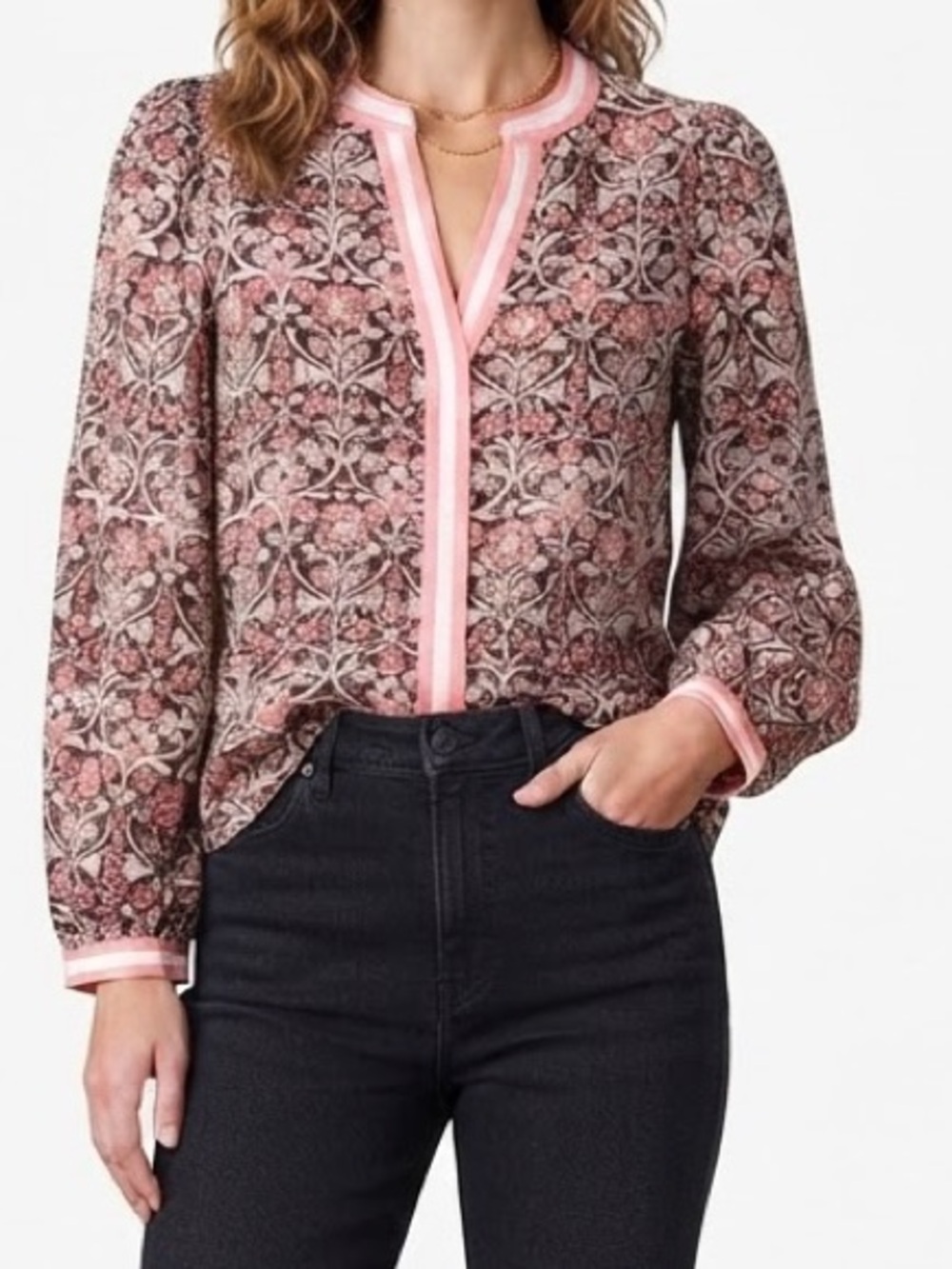 Mary Square Coral & Brown Floral Top with Coral & White Banded Neckline